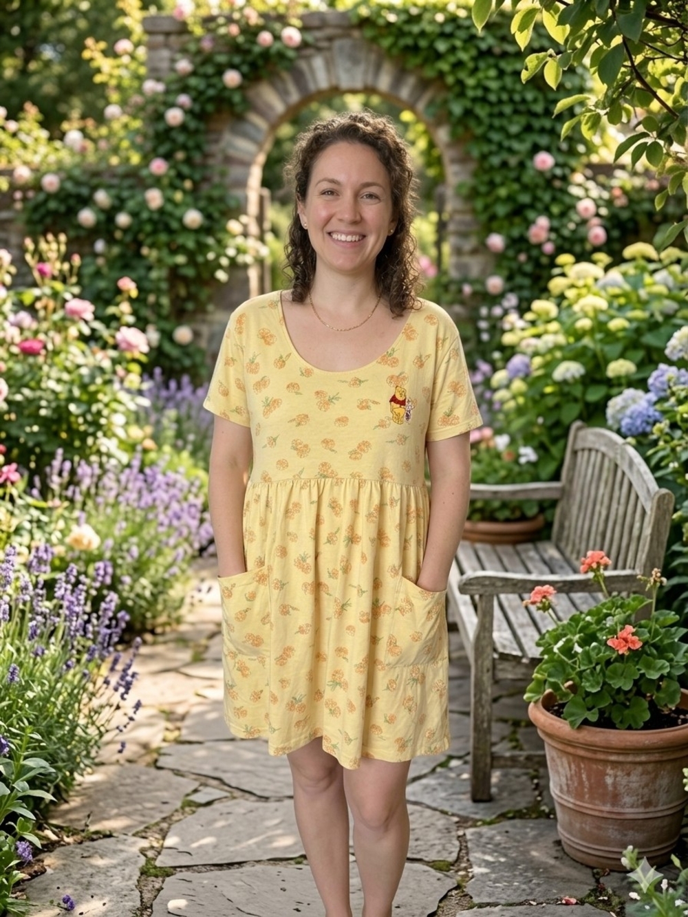 Vintage Yellow Winnie the Pooh Floral Short-Sleeve Pocket Dress